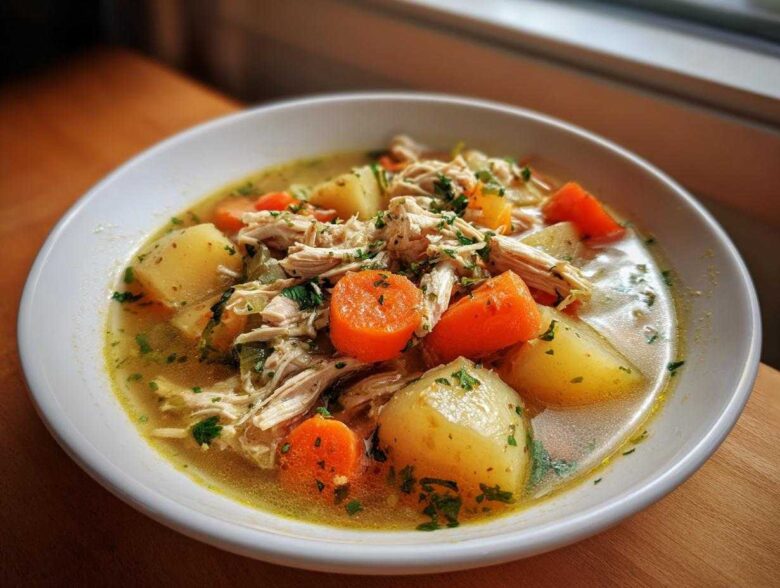 Close-up of a white bowl filled with steaming chicken vegetable soup featuring shredded chicken, large potato chunks, and bright orange carrots.
