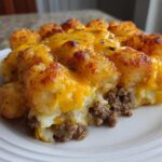 A close-up serving of tater tot casserole featuring crispy tater tots, ground beef, and melted cheddar cheese.