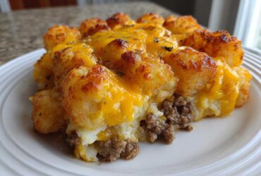 A close-up serving of tater tot casserole featuring crispy tater tots, ground beef, and melted cheddar cheese.