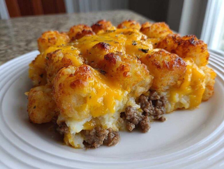 A close-up serving of tater tot casserole featuring crispy tater tots, ground beef, and melted cheddar cheese.