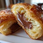 Close-up of a flaky, golden-brown chocolate croissant cut in half, revealing melted chocolate filling.