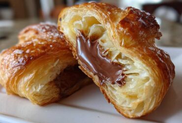 Close-up of a flaky, golden-brown chocolate croissant cut in half, revealing melted chocolate filling.