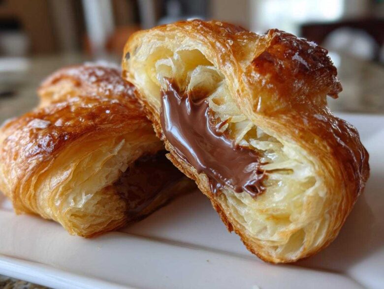 Close-up of a flaky, golden-brown chocolate croissant cut in half, revealing melted chocolate filling.