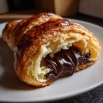 Close-up of a flaky, golden-brown chocolate croissant broken open to reveal melted, gooey chocolate filling.