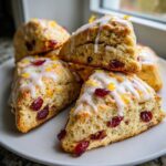 A stack of flaky cranberry orange scones topped with white glaze and orange zest.
