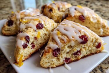 Close-up of several flaky cranberry orange scones drizzled with white glaze and garnished with orange zest.