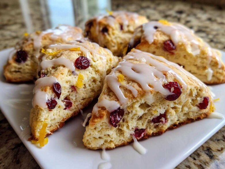 Close-up of several flaky cranberry orange scones drizzled with white glaze and garnished with orange zest.