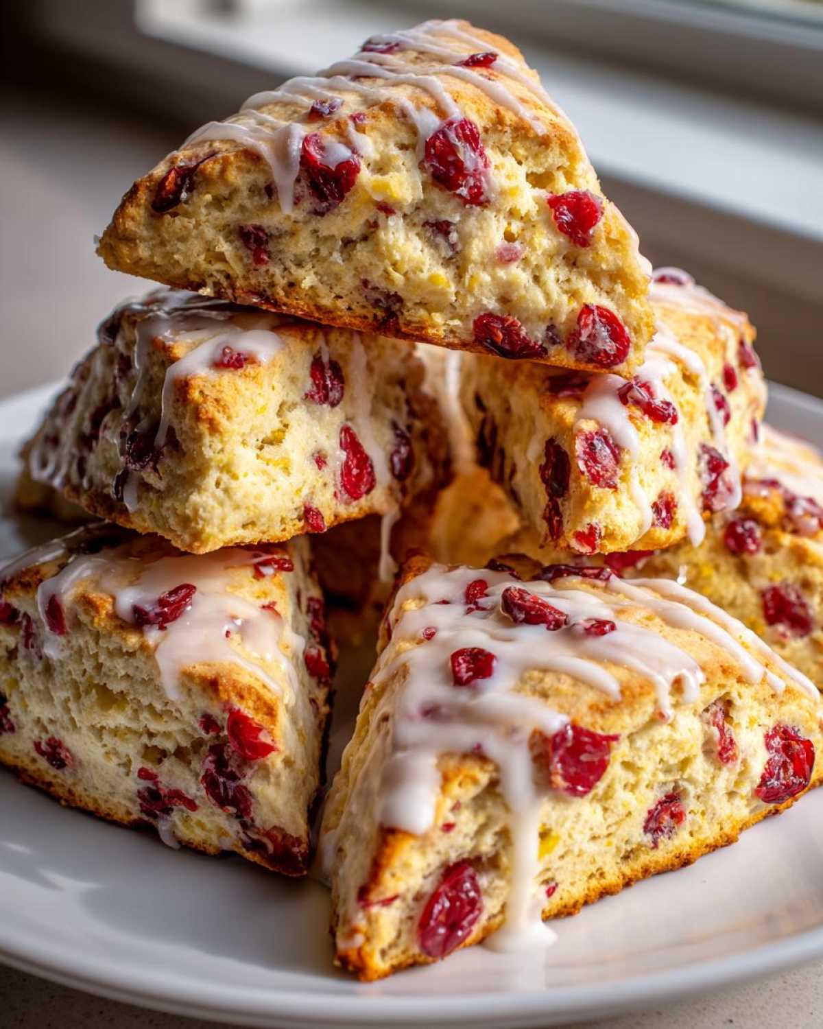 A stack of flaky cranberry orange scones drizzled with a thick white glaze, showcasing dried cranberries inside.