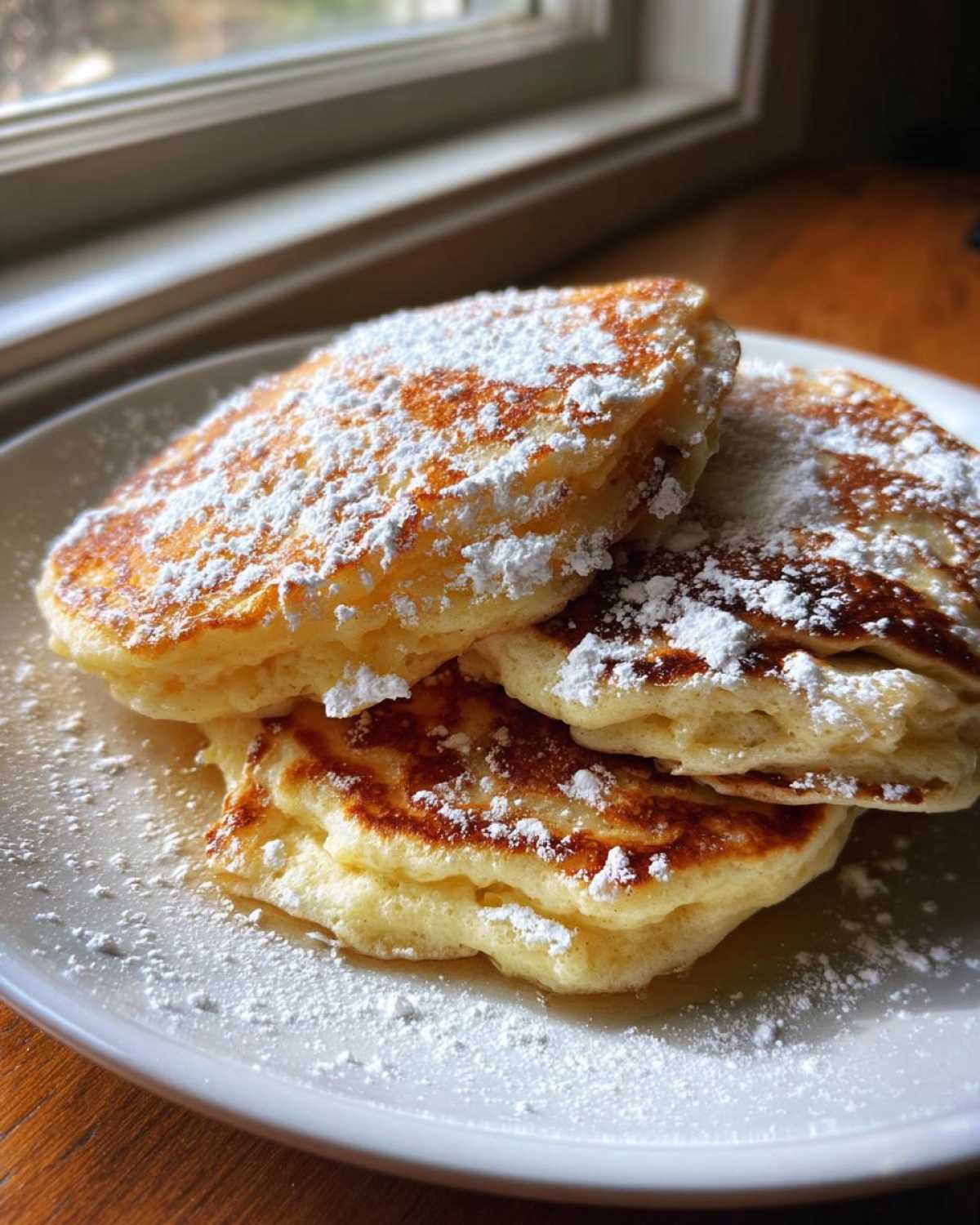 A stack of three fluffy buttermilk pancakes dusted generously with powdered sugar.