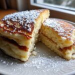 A stack of fluffy buttermilk pancakes cut in half, dusted generously with powdered sugar.