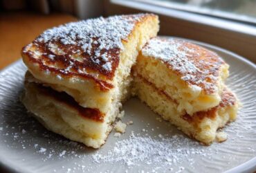 A stack of fluffy buttermilk pancakes cut in half, dusted generously with powdered sugar.