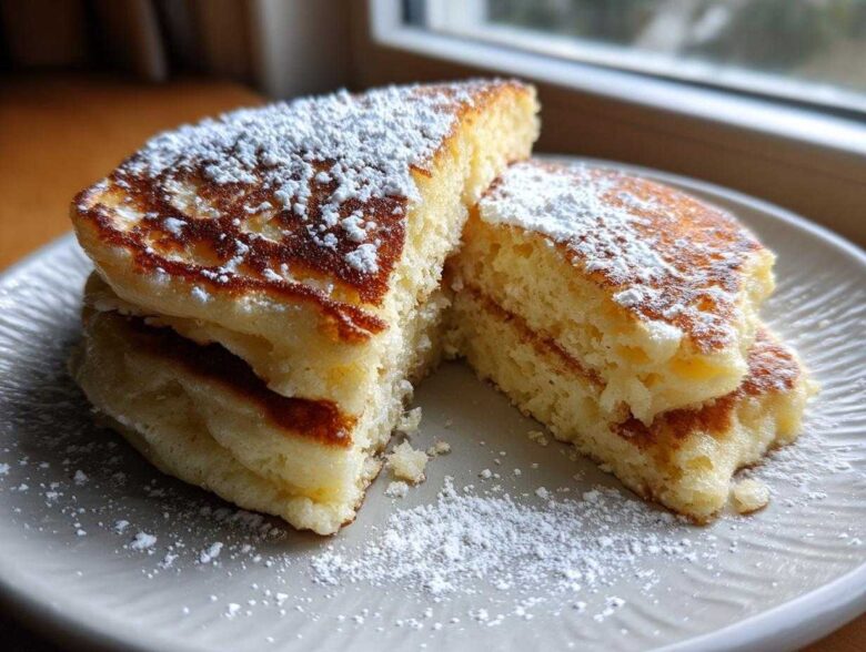 A stack of fluffy buttermilk pancakes cut in half, dusted generously with powdered sugar.