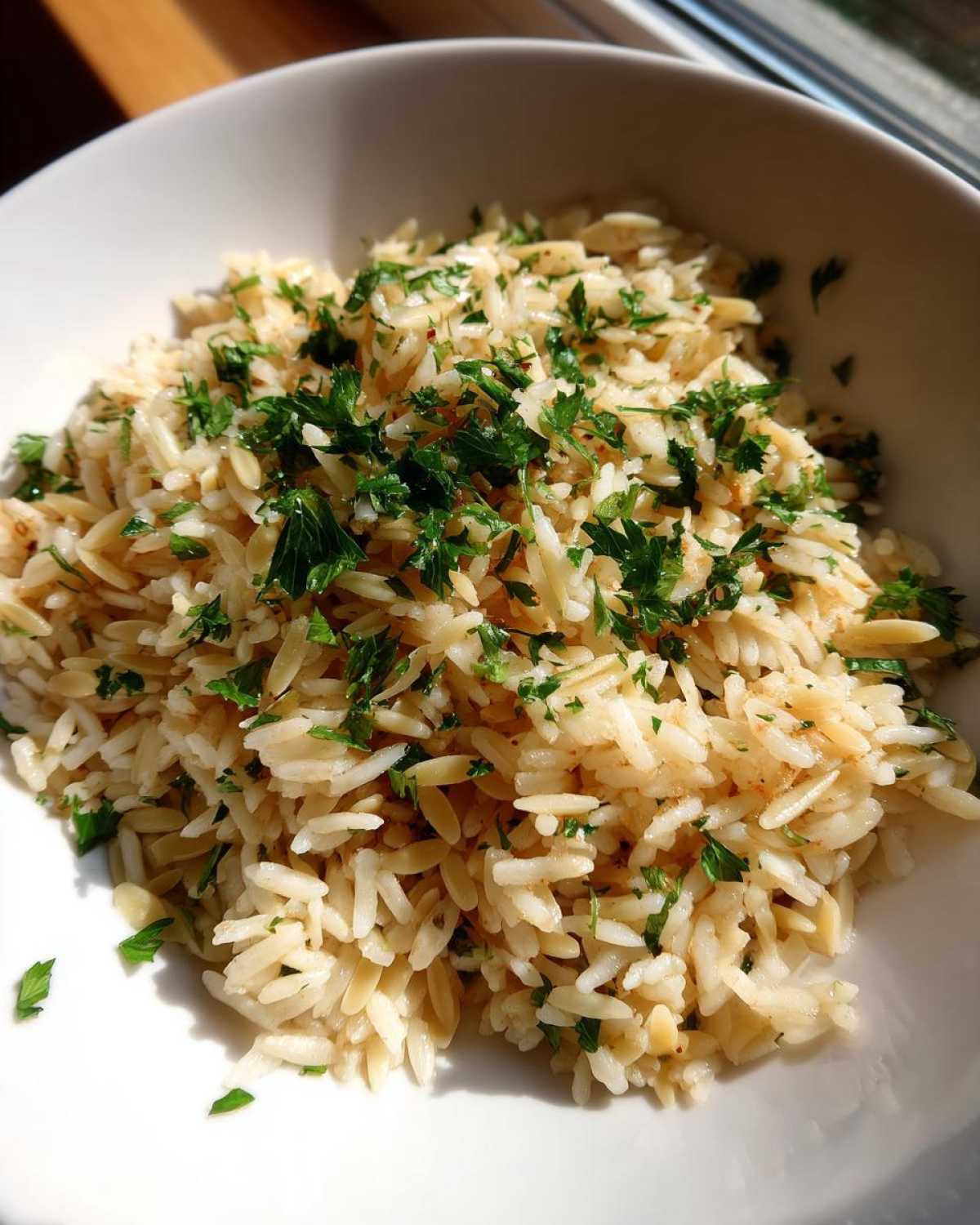 Close-up of a white bowl filled with golden rice pilaf, topped generously with chopped fresh parsley.