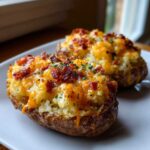 Two fluffy twice baked potatoes loaded with melted cheddar cheese, bacon bits, and parsley.