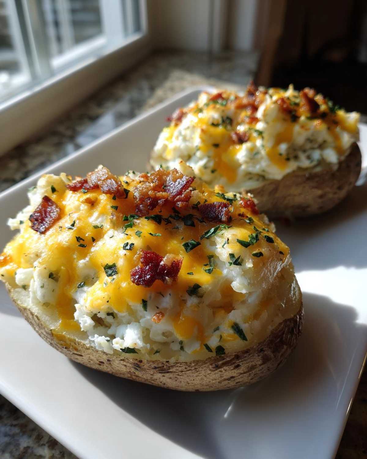 Two fluffy twice baked potatoes loaded with melted cheddar cheese, bacon bits, and chives on a white plate.