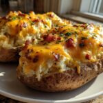 Two fluffy twice baked potatoes topped with melted cheddar cheese, bacon bits, and chives on a white plate.