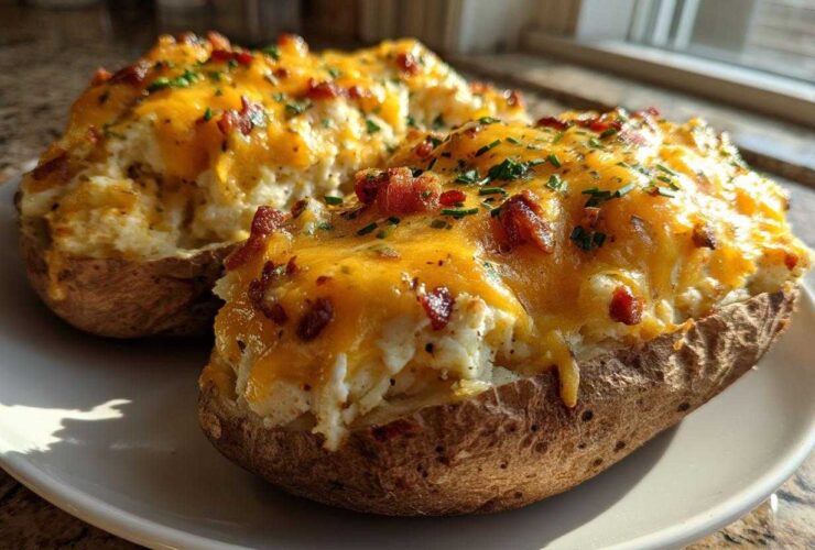 Two fluffy twice baked potatoes topped with melted cheddar cheese, bacon bits, and chives on a white plate.