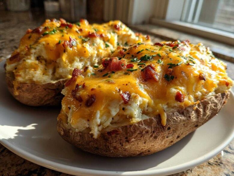 Two fluffy twice baked potatoes topped with melted cheddar cheese, bacon bits, and chives on a white plate.