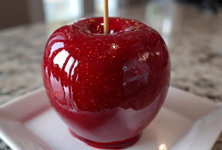 A single, perfectly coated, glossy red candy apple sitting on a white square plate.