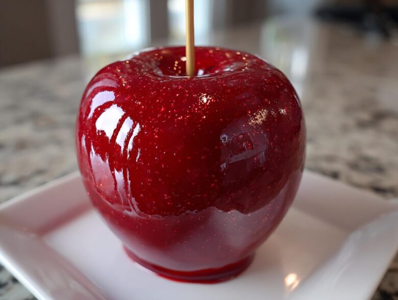 A single, perfectly coated, glossy red candy apple sitting on a white square plate.