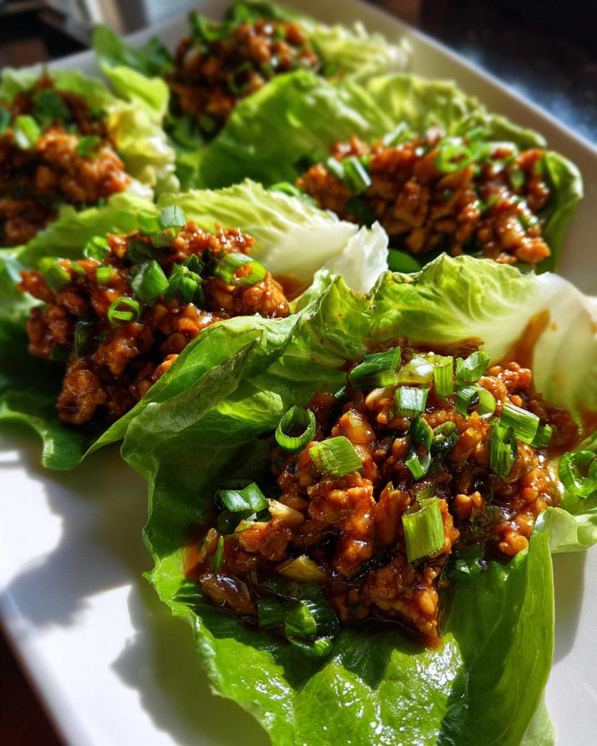 Close-up of several fresh chicken lettuce wraps filled with savory ground chicken mixture and topped with green onions.