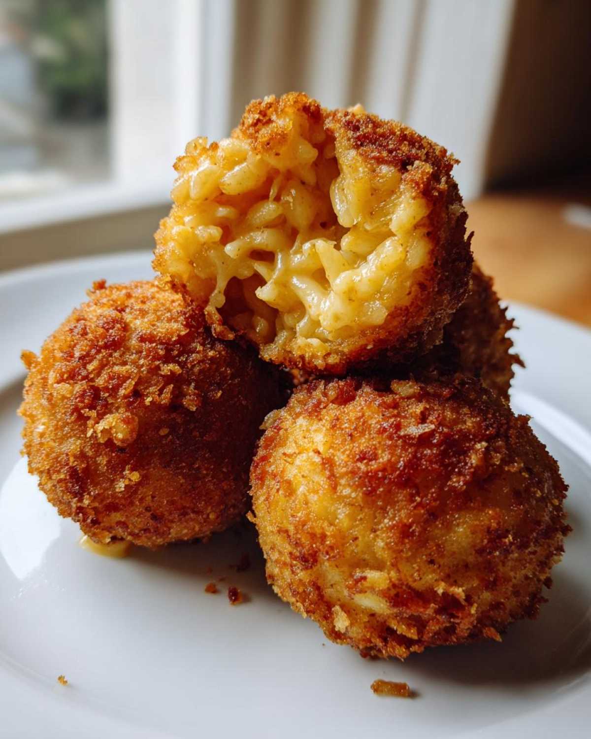 A stack of crispy, golden-brown fried rice balls, with the top one broken open revealing a creamy, cheesy interior.