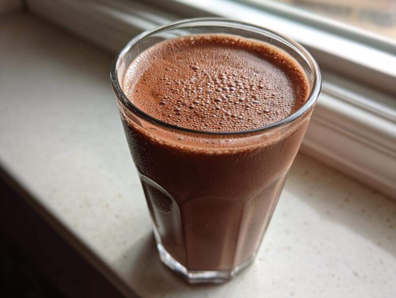 Close-up of a tall glass filled with rich, frothy homemade chocolate milk sitting on a light windowsill.