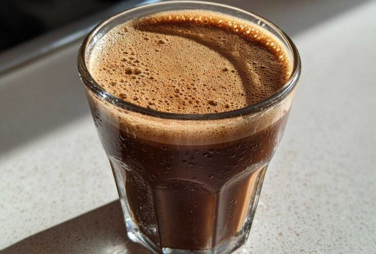Close-up of a chilled Coffee Smoothie with rich brown foam topping in a faceted glass.