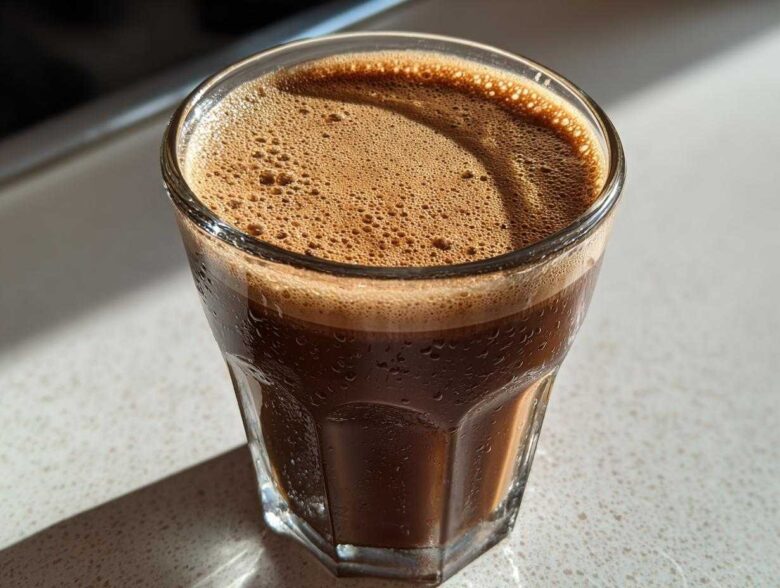 Close-up of a chilled Coffee Smoothie with rich brown foam topping in a faceted glass.