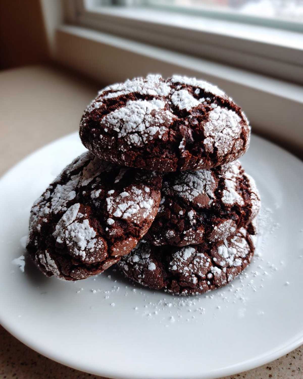 A stack of four fudgy chocolate crinkle cookies heavily dusted with powdered sugar on a white plate.