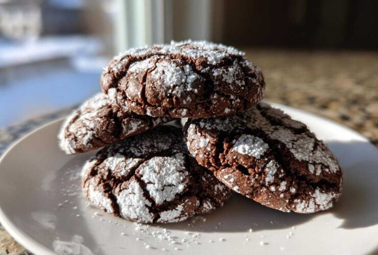 A stack of four fudgy chocolate crinkle cookies dusted heavily with powdered sugar, sitting on a white plate.