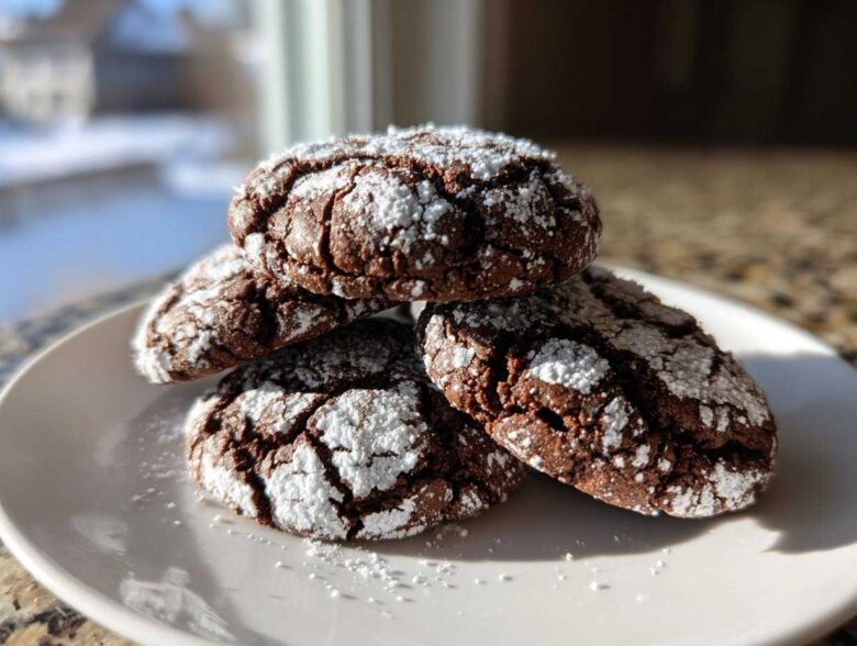 A stack of four fudgy chocolate crinkle cookies dusted heavily with powdered sugar, sitting on a white plate.