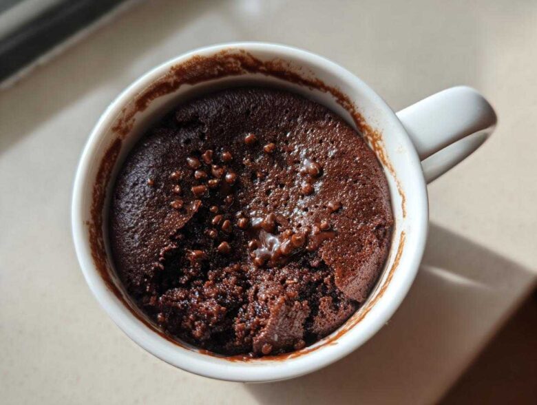 Overhead view of a fudgy chocolate mug cake, slightly broken open, topped with chocolate chips in a white mug.