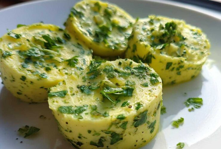 Four chilled rounds of homemade garlic butter, richly mixed with fresh green herbs, sitting on a white plate.