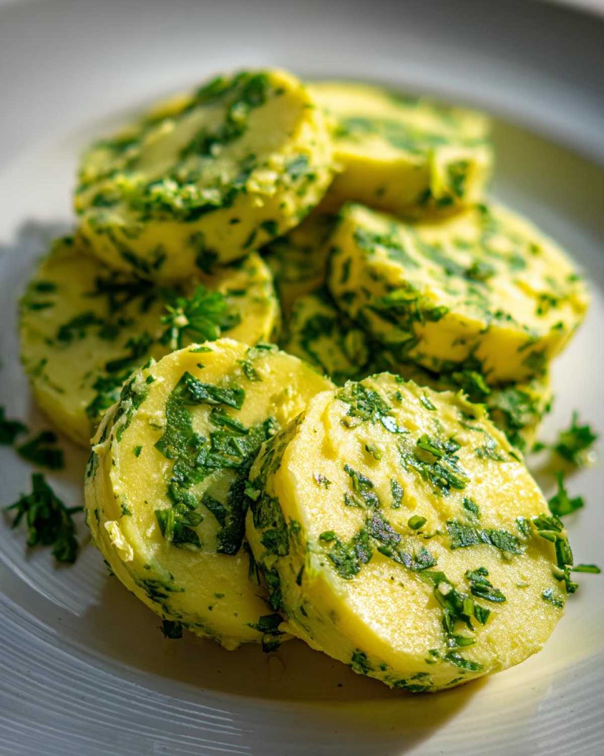 Close-up of thick, round slices of homemade garlic butter mixed with bright green herbs, ready to melt.