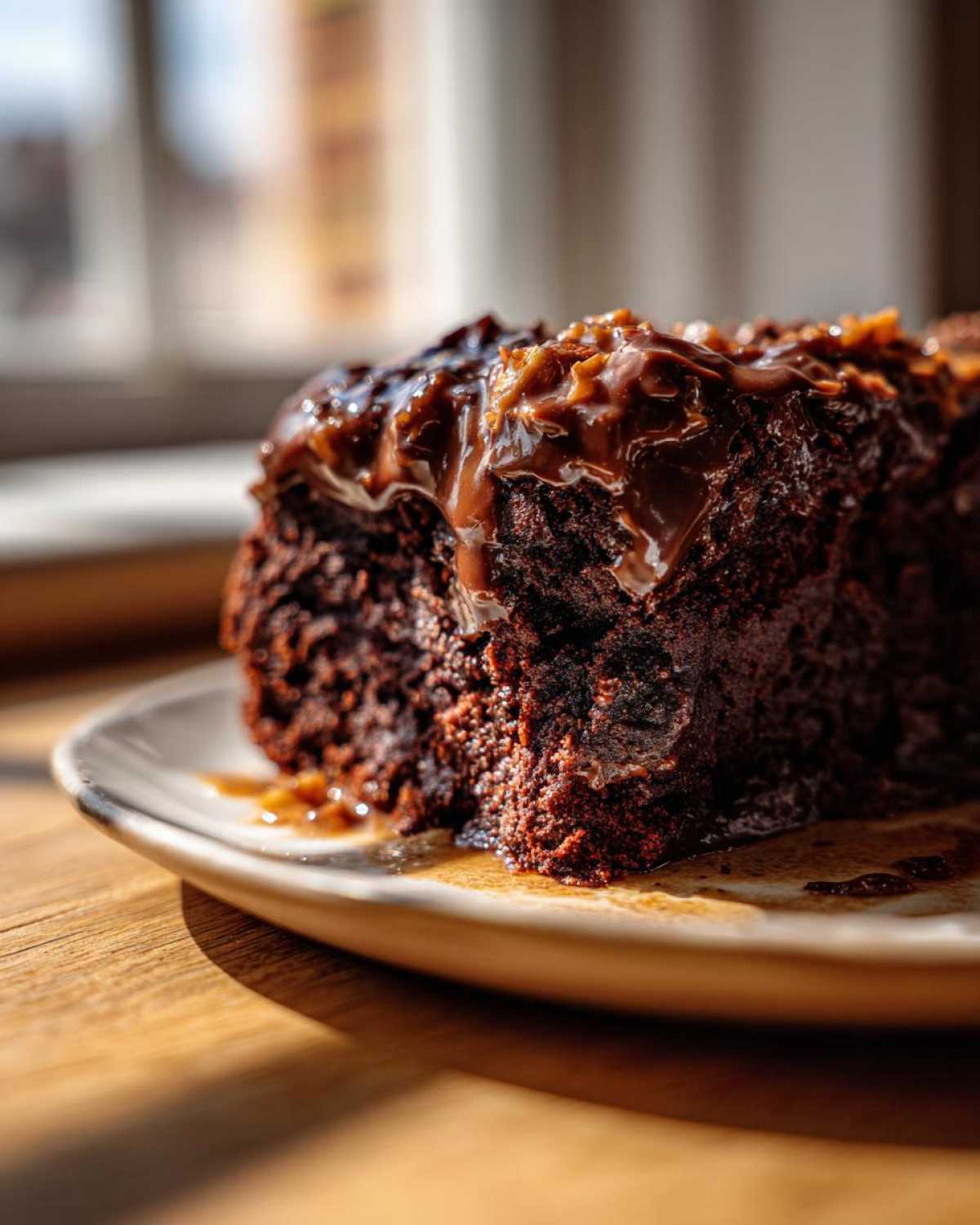 Close-up of a rich, dark slice of german chocolate poke cake dripping with gooey caramel topping.
