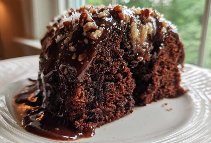 Close-up of a rich slice of german chocolate poke cake covered in gooey chocolate glaze and pecan coconut topping.