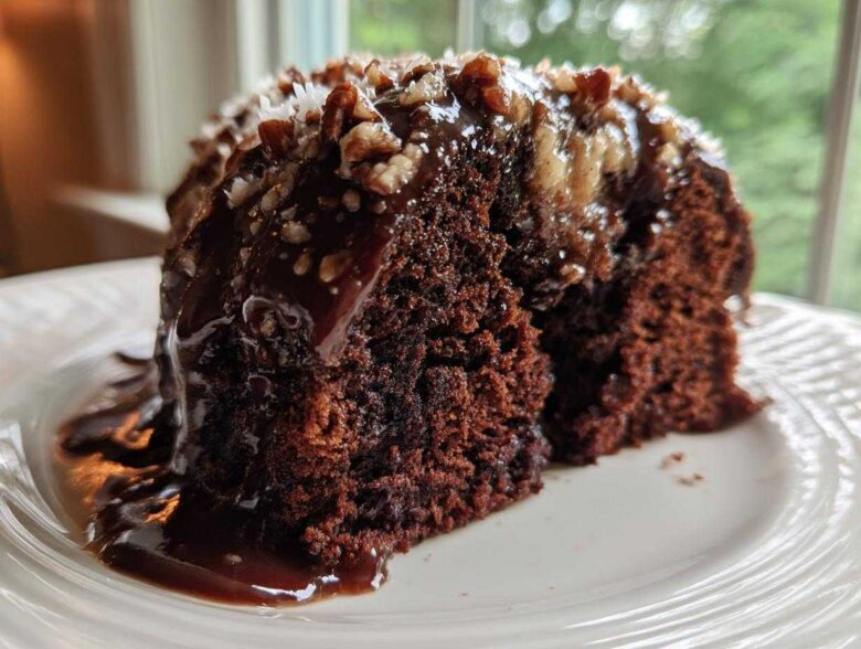 Close-up of a rich slice of german chocolate poke cake covered in gooey chocolate glaze and pecan coconut topping.