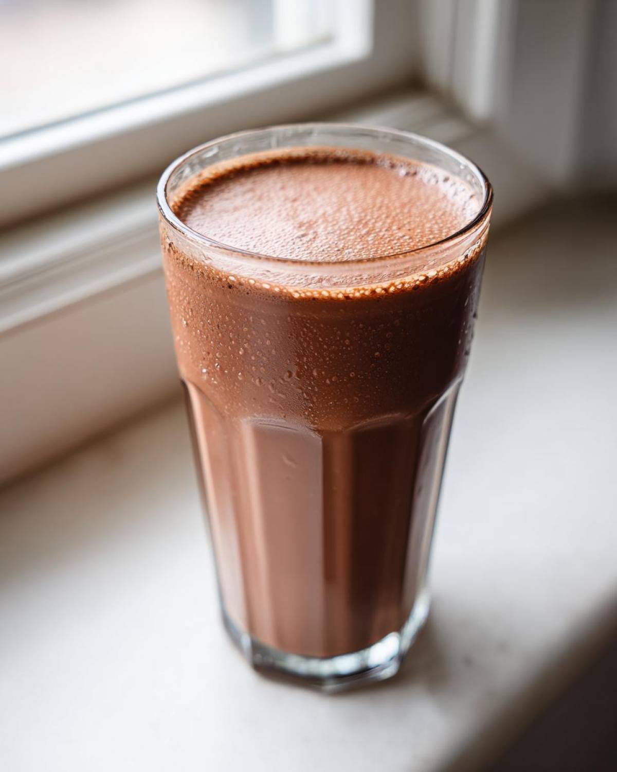 A tall, cold glass of homemade chocolate milk sitting on a white windowsill, showing condensation.