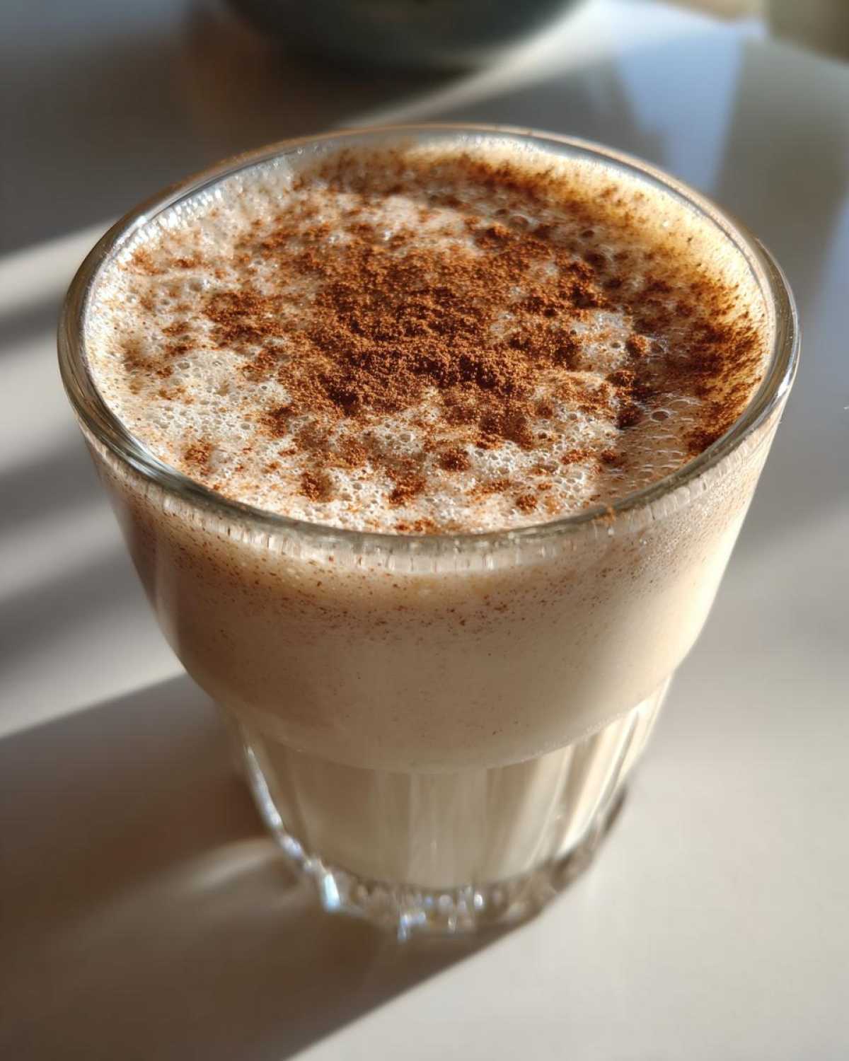 Close-up of a glass filled with creamy coquito recipe, topped with a generous dusting of ground cinnamon.