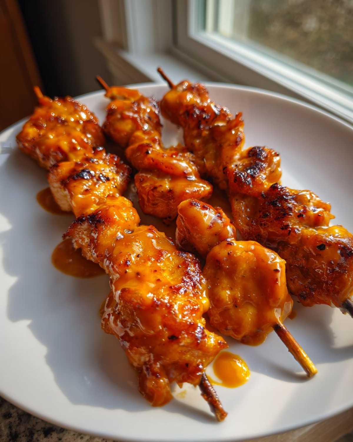 Close-up of three skewers of glazed bang bang chicken skewers, glistening with sauce, resting on a white plate.