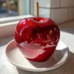 A single, perfectly coated, glossy red candy apple with a wooden stick, sitting on a small white saucer.