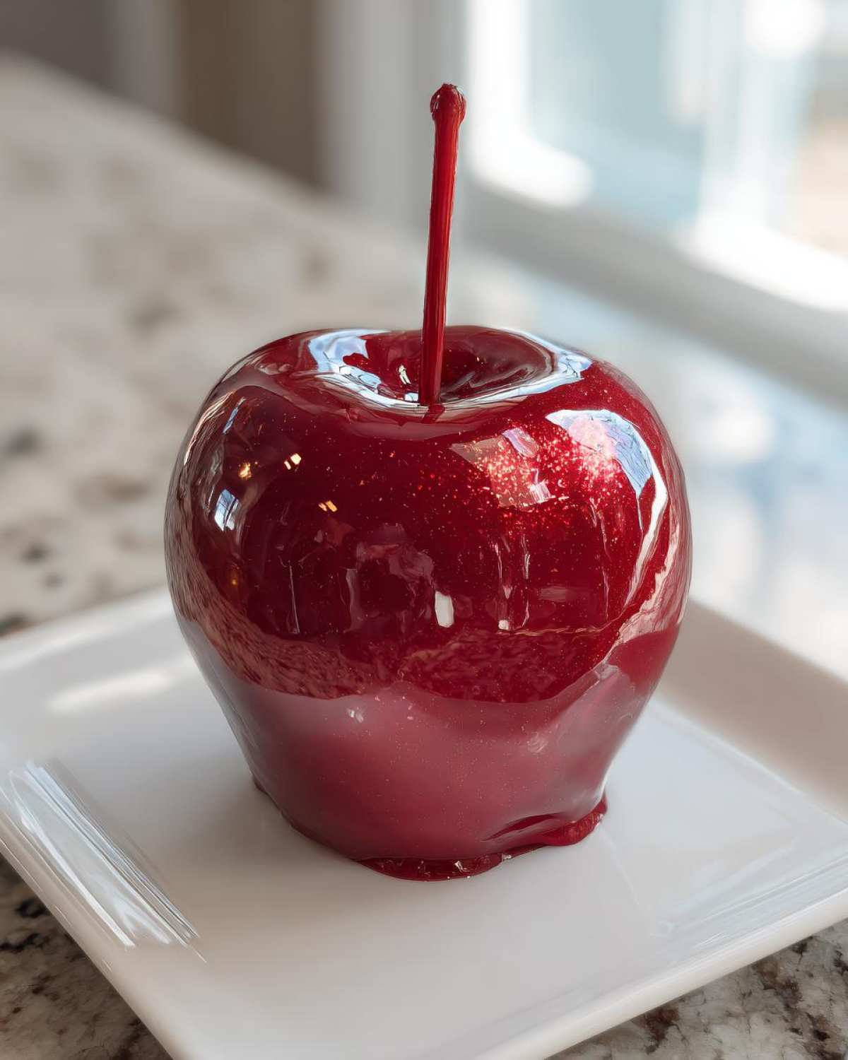 A single, perfectly coated, glossy red candy apple sitting on a white square plate.