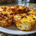 Close-up of several golden brown, savory egg bites topped with melted cheese and bacon bits, served on a white plate.