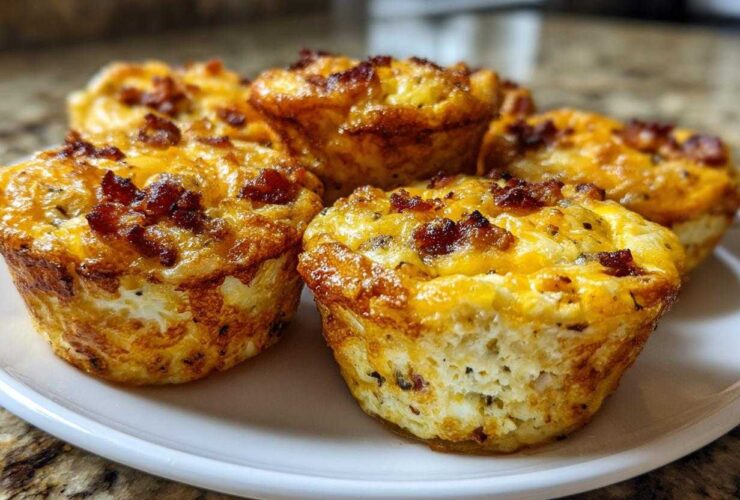 Close-up of several golden brown, savory egg bites topped with melted cheese and bacon bits, served on a white plate.