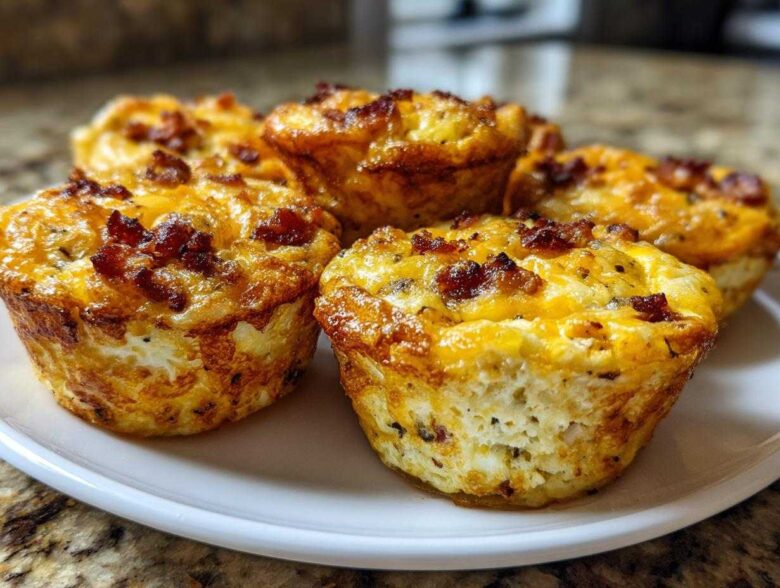 Close-up of several golden brown, savory egg bites topped with melted cheese and bacon bits, served on a white plate.