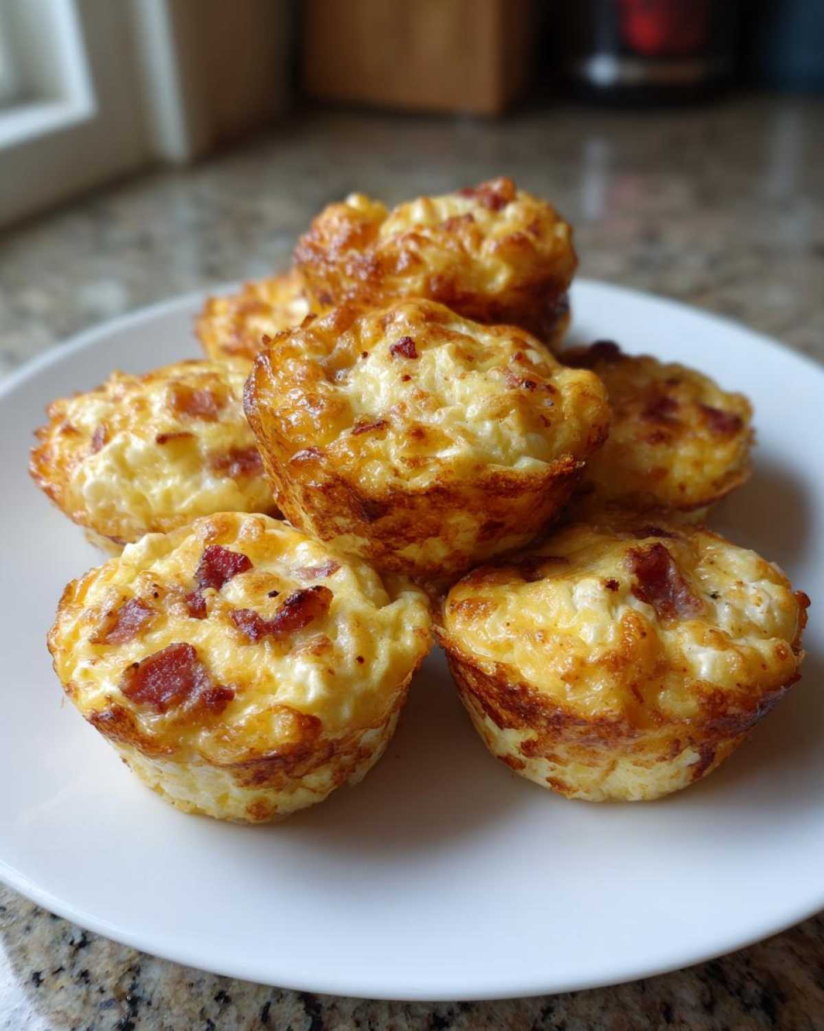 A stack of freshly baked, golden brown bacon and cheese egg bites on a white plate.