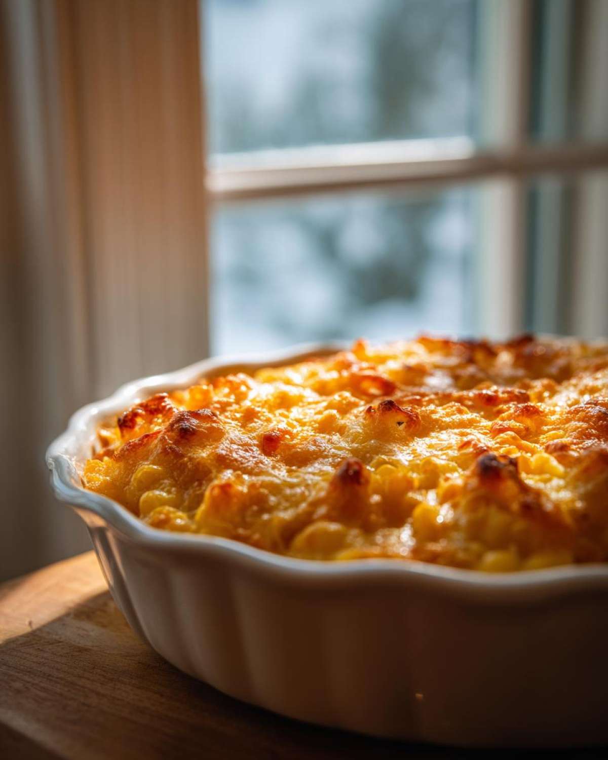Close-up of a golden-brown baked cream cheese corn casserole bubbling in a white fluted baking dish.
