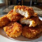 A stack of crispy, golden homemade chicken nuggets on a white plate, one nugget is cut open showing the white meat inside.