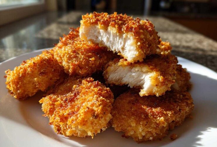 A stack of crispy, golden homemade chicken nuggets on a white plate, one nugget is cut open showing the white meat inside.